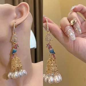 Vintage Gold Parrot Tassel Earrings With Silver Earring Post Colorful Rhinestone Artificial Pearl Drop Earrings For Women