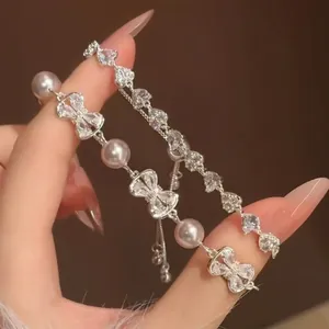 Luxe Strik Kunstparel Armband Voor Vrouwen Zirconia Ingelegde Verstelbare Elegante Roze Zilveren Sieraden Cadeau