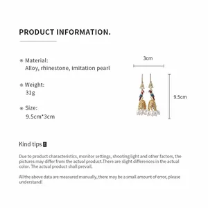 Detailed product specifications for parrot tassel earrings with rhinestone and pearl accents