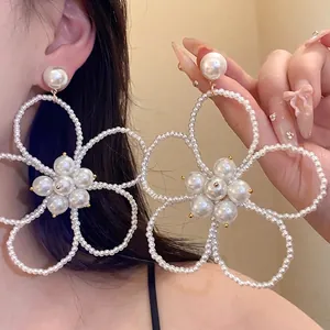 French Vintage Artificial Pearl Beaded Flower Hollow Out Drop Earrings For Women Fashion Elegant Silver Post Earrings