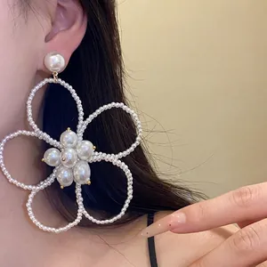 Elegant French vintage style large pearl beaded flower hollow drop earrings for women