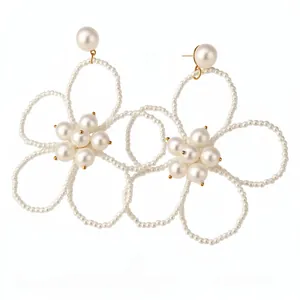 French vintage pearl beaded flower hollow pendant earrings for elegant women style