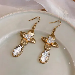 Elegant vintage French style gold leaf flower earrings with pearls and crystal drops