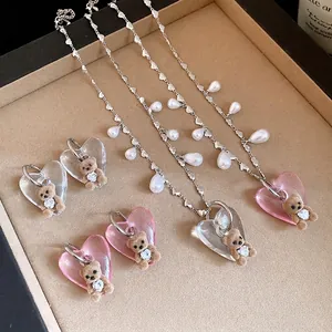 Vintage Heart Teddy Bear Pendant Necklace Earring Set Artificial Pearl Zirconia Jewelry For Women Cute Flocked Bear Accessory