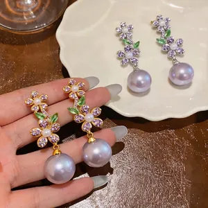 French Luxury Zirconia Flower Pendant Artificial Pearl Earrings 925 Sterling Silver Earring Post For Women Elegant Jewelry