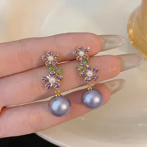 Elegant French style floral zircon stud earrings with lavender pearl pendants