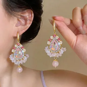 Boucles d'Oreilles Ethniques Goutte d'Eau Zirconia avec Glands Alliage Plaque Or Fleur avec Tige en Argent Sterling 925
