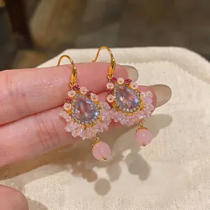 Boucles d'oreilles ethniques en zircon à pompons, fleurs roses et crochets dorés