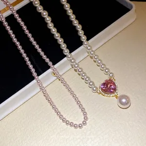 Elegante Leichte Luxus Künstliche Perle Halskette Für Damen Mit Rosa Zirkonia Herz Anhänger Gold Plattierte Schlüsselbeinkette