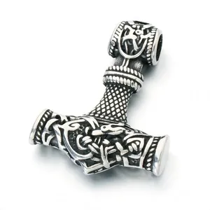 Vintage stainless steel Viking Thor's Hammer pendant with intricate Celtic knotwork