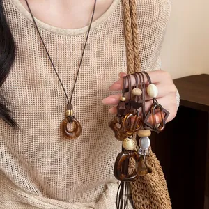 Vintage Ethnic Style Resin Acrylic Oval Pendant Necklace Long Sweater Chain Leather Cord Geometric Jewelry for Women