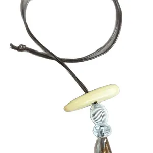Elegant retro ethnic style necklace with resin oval pendant and brown leather cord