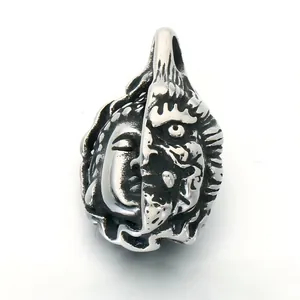 Dark gothic stainless steel dual-faced Buddha and skull pendant necklace for men