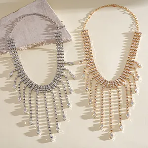 Exquisite chandelier rhinestone fringe necklace with teardrop pendants in gold and silver finish