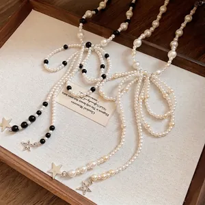 French Retro Stainless Steel Artificial Pearl Bowknot Tassel Necklace For Women Star Pendant Choker Elegant Beads Jewelry