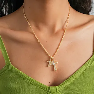Western Style Gold Plated Copper Double Cross Pendant Necklace For Women Dainty Zirconia Inlaid Clavicle Chain Ins Fashion Jewelry