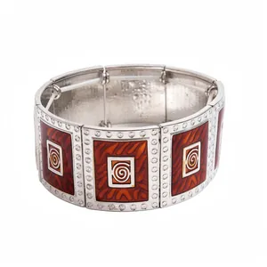 Bracciale elastico vintage con pannelli quadrati in smalto e motivi a spirale