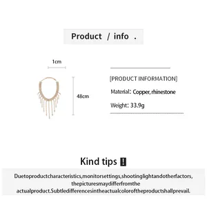 Detailed product specifications for the rhinestone tassel necklace with copper material