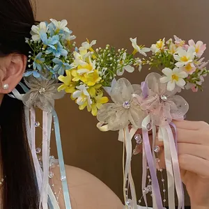 Romantic Forest Floral Hair Clip With Colorful Ribbon Tassels And Artificial Pearls Dopamine Sweet Flower Duckbill Clip For Women