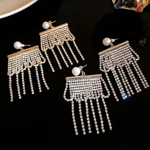 Boucles d'Oreilles Pendantes Vintage Perle Artificielle Ronde et Glands Tige en Argent Sterling 925 Luxe Cuivre Incrusté de Strass pour Femmes