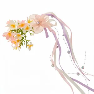 Romantic floral duckbill hair clip with long colorful ribbons and pastel flowers for women