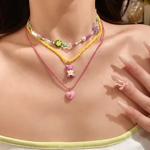Stainless Steel Artificial Pearl Resin Butterfly Flower Bear Heart Pendant Necklace Sweet Fresh Style Jewelry For Women