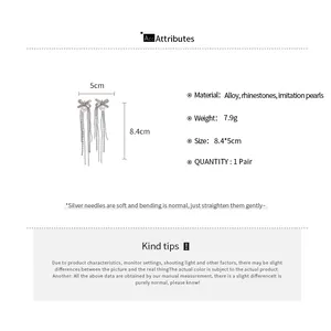 Detailed product specifications for silver needle tassel earrings with pearls and rhinestones