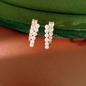 Minimalist Copper Stud Earrings With Artificial Pearl Rhinestone Round Gold Plated Elegant Jewelry Silver Earring Post For Women