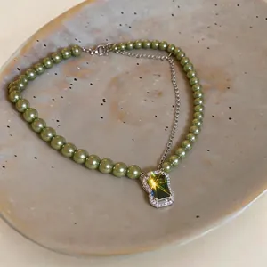 Elegant green imitation pearl beaded necklace with square zircon gemstone pendant