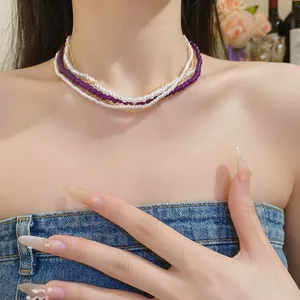 Multi-layer Artificial Pearl Rhinestone Choker Necklace For Women Vintage Court Style Gold Purple White Beads Elegant Jewelry