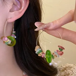 Handgefertigte Perlen Creolen Mit Bunten Stein Glasperlen Für Damen Süßer Frischer Stil Runde Geometrische Ohrringe Schmuck