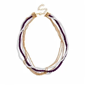Elegant multi-strand necklace featuring purple and white pearls with gold-tone chains