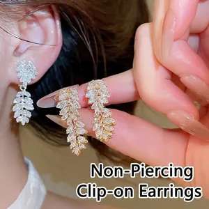 Luxury 18K Gold Plated Leaf Shaped Ear Clips For Women Non Pierced Copper Zirconia Inlaid Elegant Wedding Party Jewelry