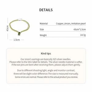 Detailed view of green zircon pearl necklace with material, size and weight specifications.
