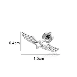 Zilveren sterrenvleugel kraakbeen piercing oorknopje, afmetingen 1,5 cm x 0,4 cm