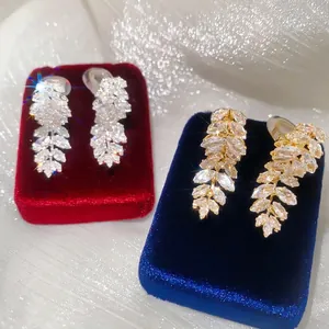 18k gold plated leaf-shaped cubic zirconia clip-on earrings for non-pierced ears