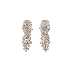 18k gold plated leaf-shaped ear clips with sparkling marquise-cut cubic zirconia stones.