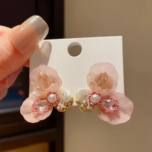 Sweet Resin Pink Flower Stud Earrings For Women Elegant Artificial Pearl Rhinestone Inlaid 925 Sterling Silver Earring Post