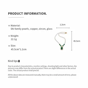 Detailed specifications of a vintage pearl necklace with a green zircon pendant