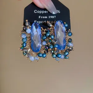 Vintage Palace Style Oval Blue Glass Crystal Stud Earrings Handcrafted Copper Wire Wrapped Rhinestone Earrings For Women Jewelry