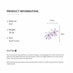 Detailed view of purple floral earrings with size measurements and iron material specs.
