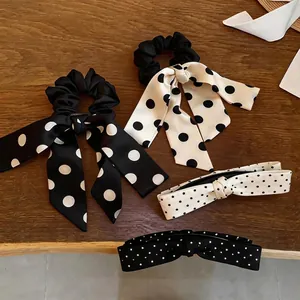 French style black and white polka dot satin bow scrunchies and hair clips set.