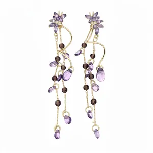 Elegant purple butterfly tassel earrings with delicate water drop stones decor