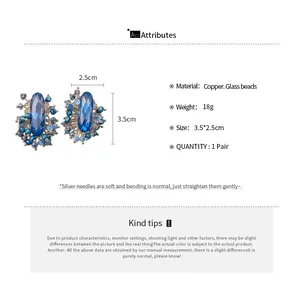 Detailed dimensions and material specs for vintage oval blue crystal glass earrings.