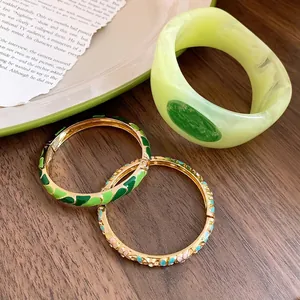 Minimalist enamel metal bangles and thick light green marble texture resin bracelet