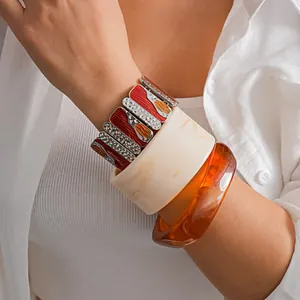Western Style Enamel Drip Alloy Square Patchwork Elastic Bracelet Vintage Marble Resin Bangle For Women Geometric Jewelry