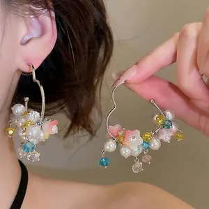 Sweet Heart Hoop Earrings Artificial Pearl Colorful Flower Glass Beads Alloy Jewelry Women 925 Silver Earring Post