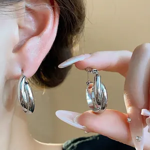 18K gold plated silver needle hoop earrings with minimalist thick circular design