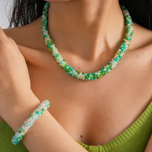 Elegant green and white crystal beaded necklace and bracelet jewelry set for women