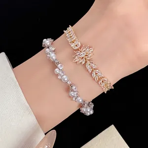 Luxury Copper Zirconia Flower Wheat Ear Bracelet For Women Exquisite Irregular Artificial Pearl Adjustable Jewelry Gift